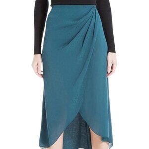MAX STUDIO Emerald animal print satin faux wrap pleated midi skirt